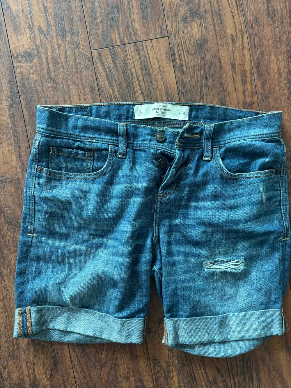 Abercrombie & Fitch Mid Wash Blue Button-Fly Denim Shorts